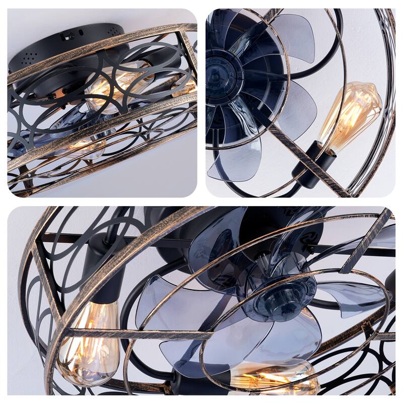 20 inch Flush Mount Ceiling Fan Light with Remote Caged Farmhouse Fandelier Black Wood Low Profile