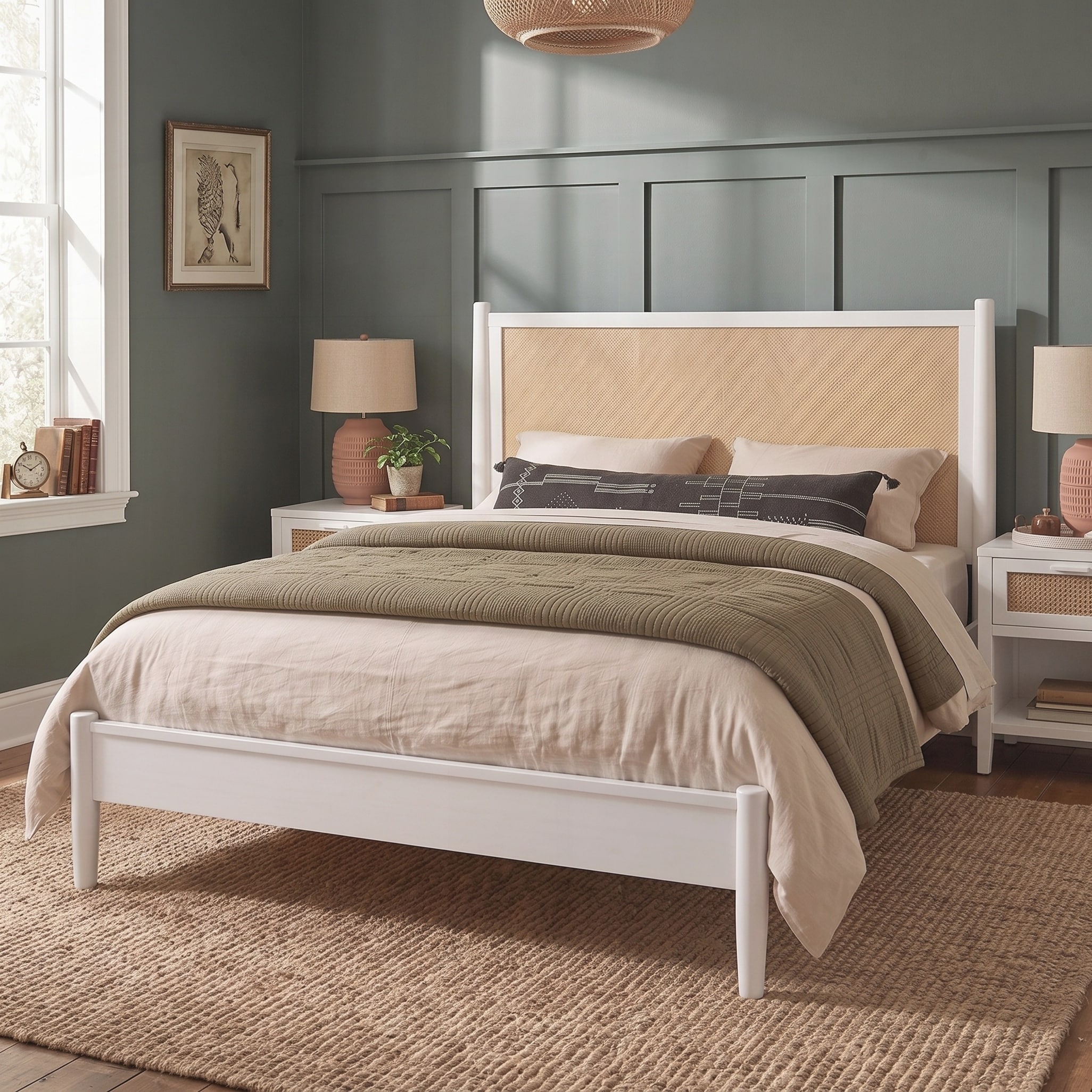 King Size Platform Bed Frame with Rattan Headboard, Wicker Bed with Wooden Slats Support