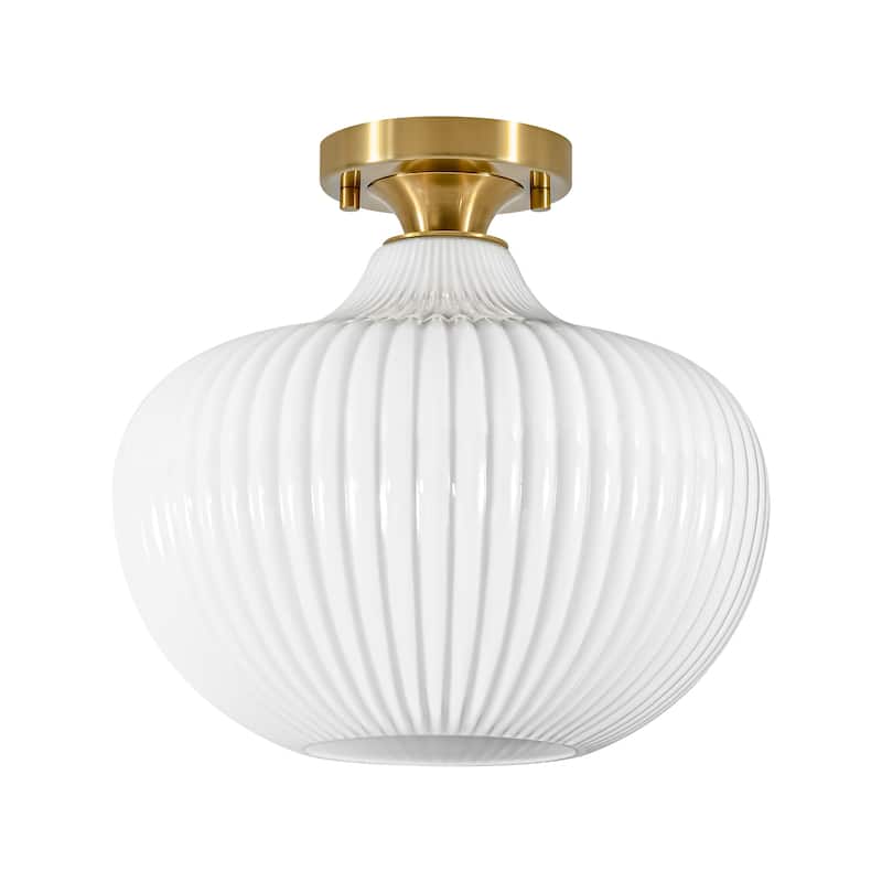 1-Light Modern Elegant Ribbed Glass Flush Mount with Brushed Brass/Matte Black Finish for Bedroom & Foyer