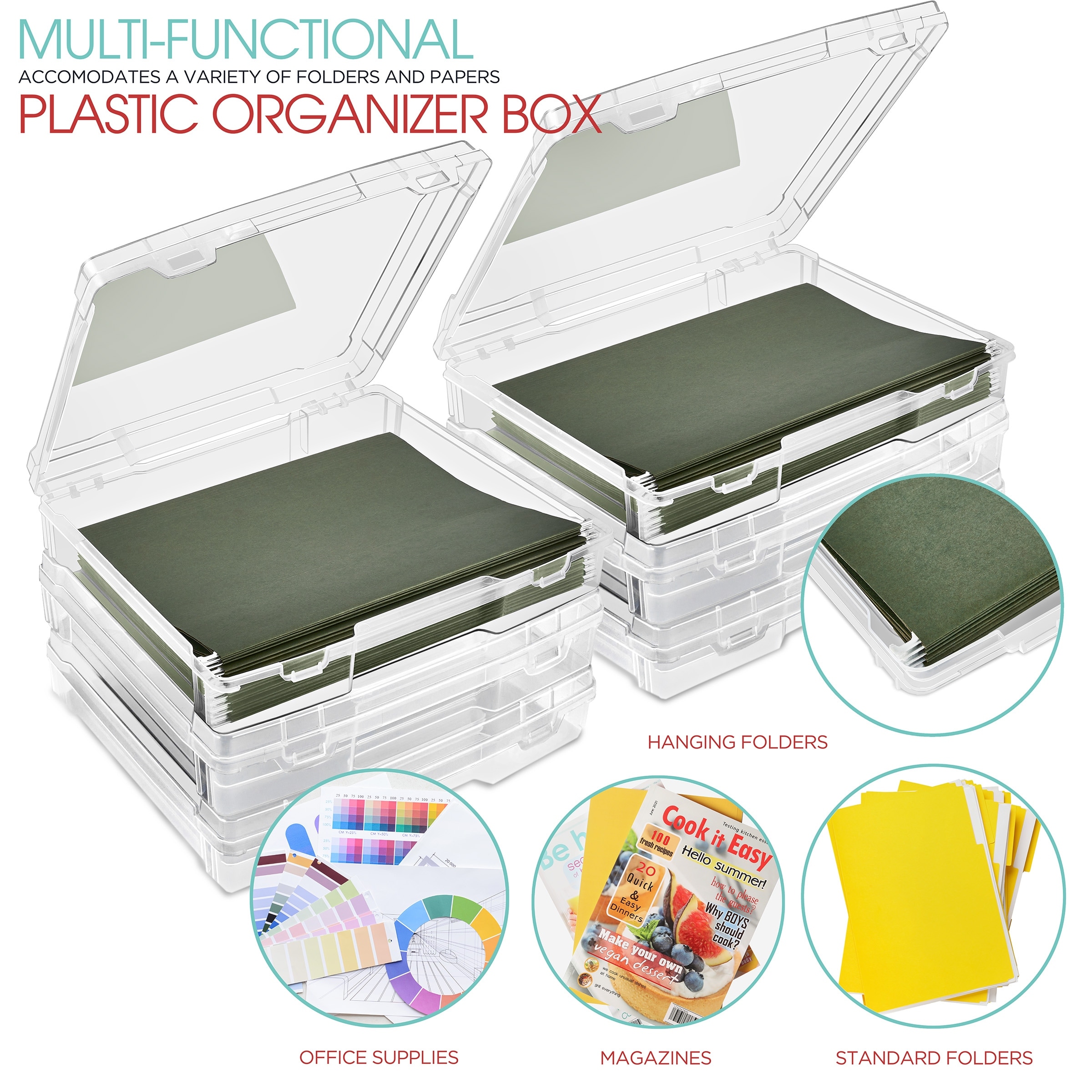 Sorbus Set of 6 Wide Hanging File Organizer Bin, Interior 10"x12" Clear Plastic Stackable for Document Storage