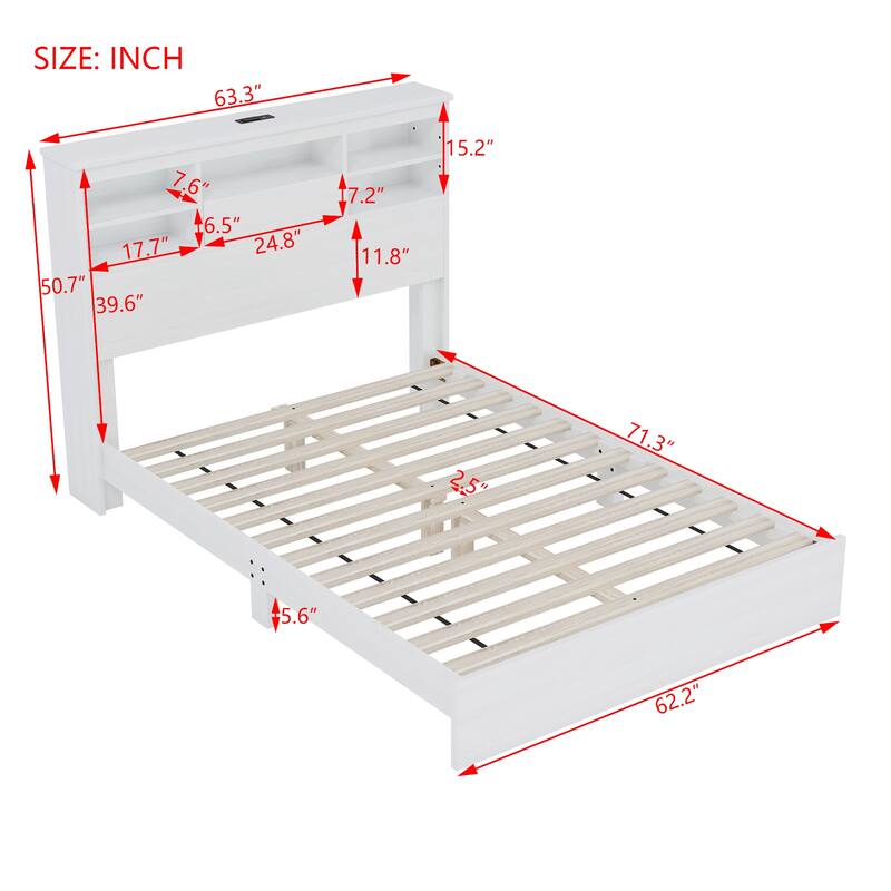 Wood Platform Bed Frame, 2 USB Ports & 2 Sockets on Storage Headboard Bookcase Bed, Panel Bed Bedroom