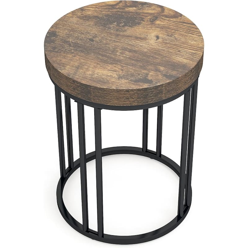 Brown/ Black Wood 2-Tier Round Sofa Side Table for Living Room