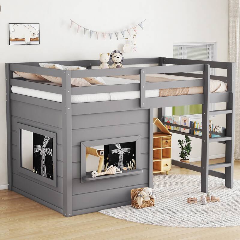 Roomfitters Low Loft Bed with Sliding Chalkboard and Bookshelf, House Frame Design