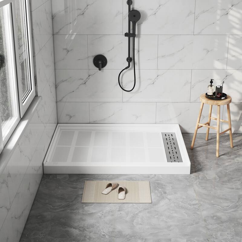 48 in. x 36 in. Elegant White Single Threshold Anti-slip SMC Rectangular Shower Base with Drain and Stainless Steel Drain Cover