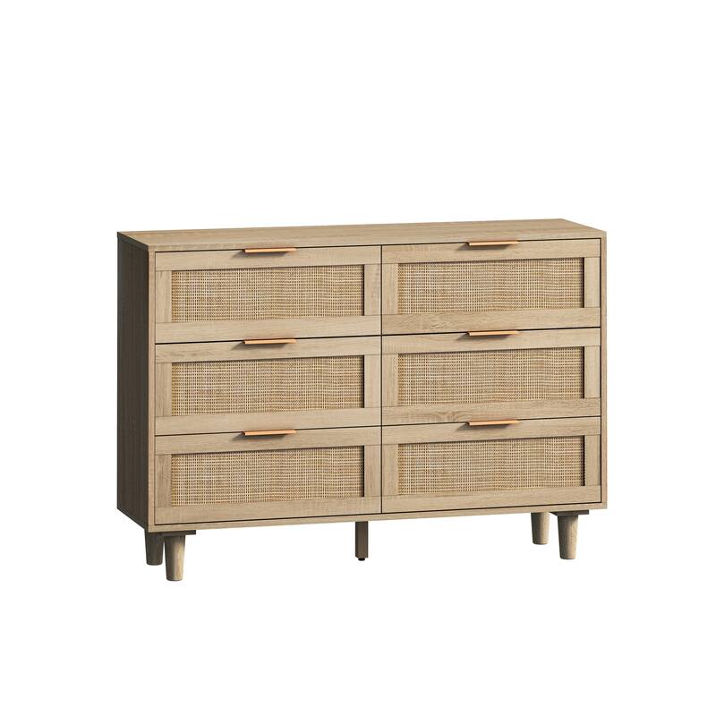 Wood Rattan Dresser with 6 Drawers, Modern Large Storage Cabinet