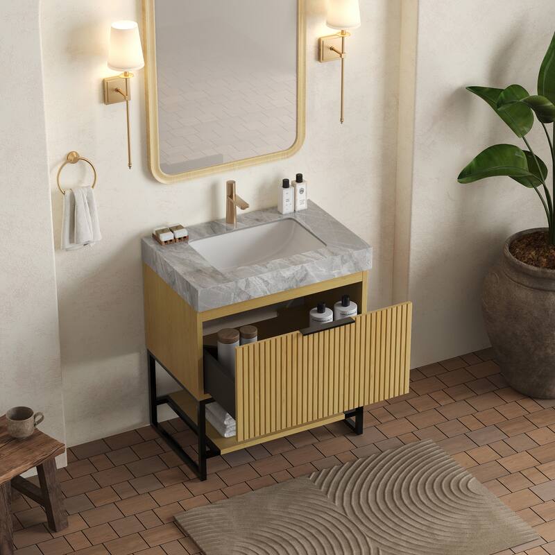 GDFStudio - Yolan Modern 30" Freestanding Bathroom Vanity with Striped Drawer, Open Shelf & Undermount Ceramic Basin - Corolla Oak