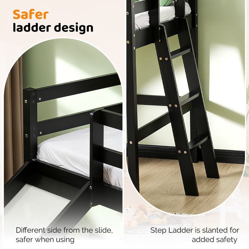 Loft Bed with Slide, Twin, Space Saving Kids Low Loft Bed with Guardrail and Ladder
