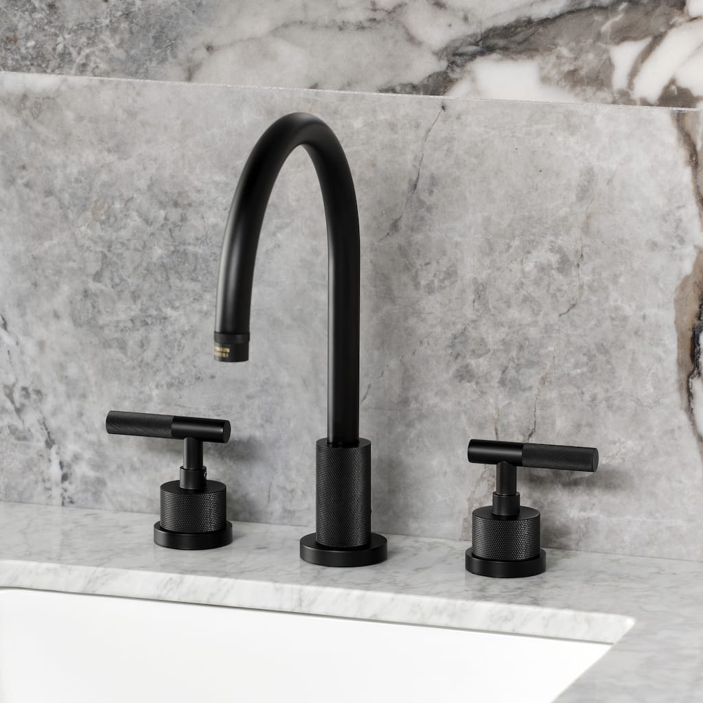 Kingston Brass Convergent Widespread Bathroom Faucet with Knurled Handle and Brass Pop-Up