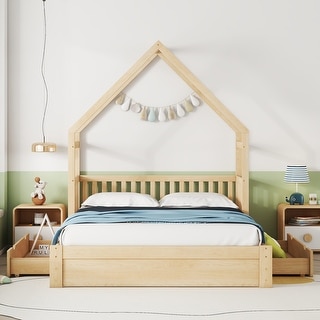 Natural Wood Queen Size House Platform Bed with Guardrail & 2 Drawers