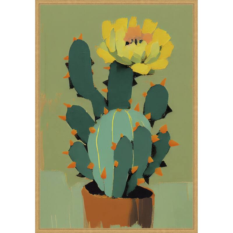 Flowering Cactus by Treechild Framed Canvas Wall Art Print - Sylvie Bright Gold