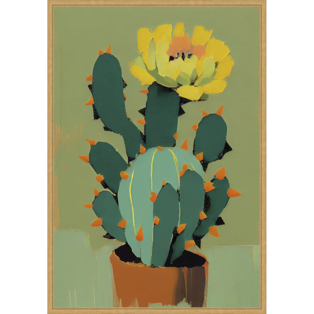 Flowering Cactus by Treechild Framed Canvas Wall Art Print - Sylvie Bright Gold