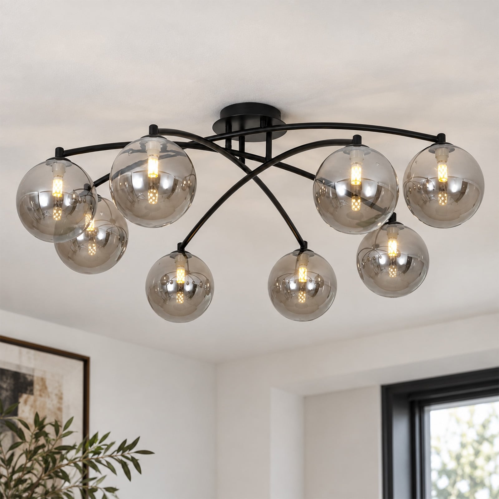 Rennnsan 8-Light Sputnik Gray Glass Shades Flush Mount Ceiling Light for Living Room - 43.3" W x 12.6" H