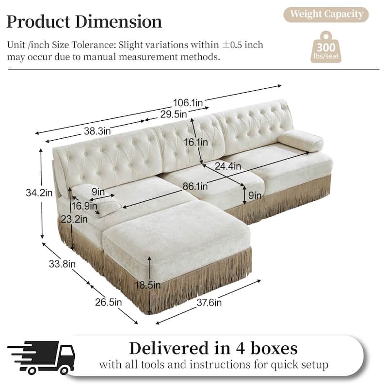 106" Velvet Sectional Sofa with Tassel Skirt Design and Ottoman