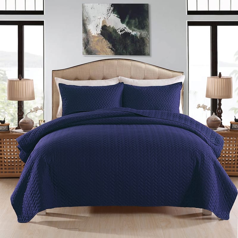 3-piece Fashionable Solid Embossed Quilt Set Bedspread Cover - Navy basket weave - Queen