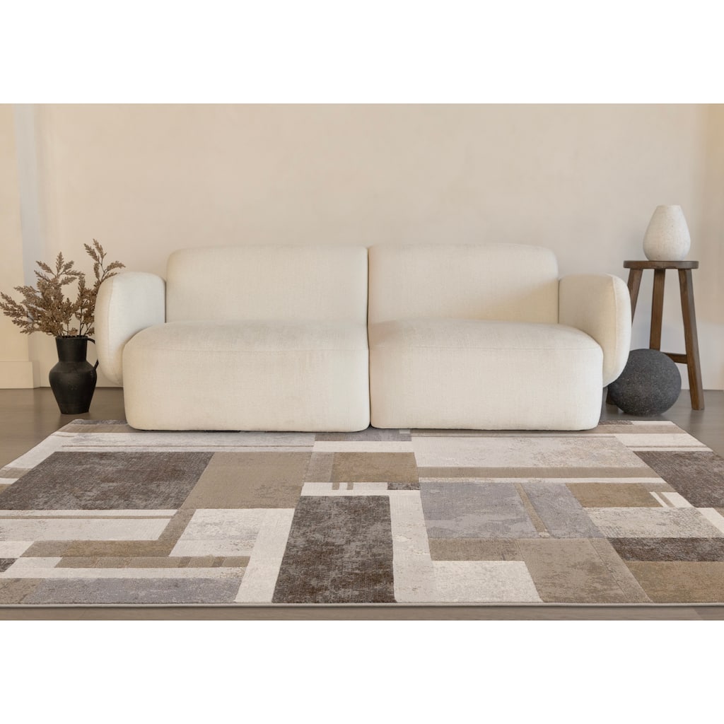 Beige Grey Geometric Overlapping Blocks High-Traffic Plush Rug