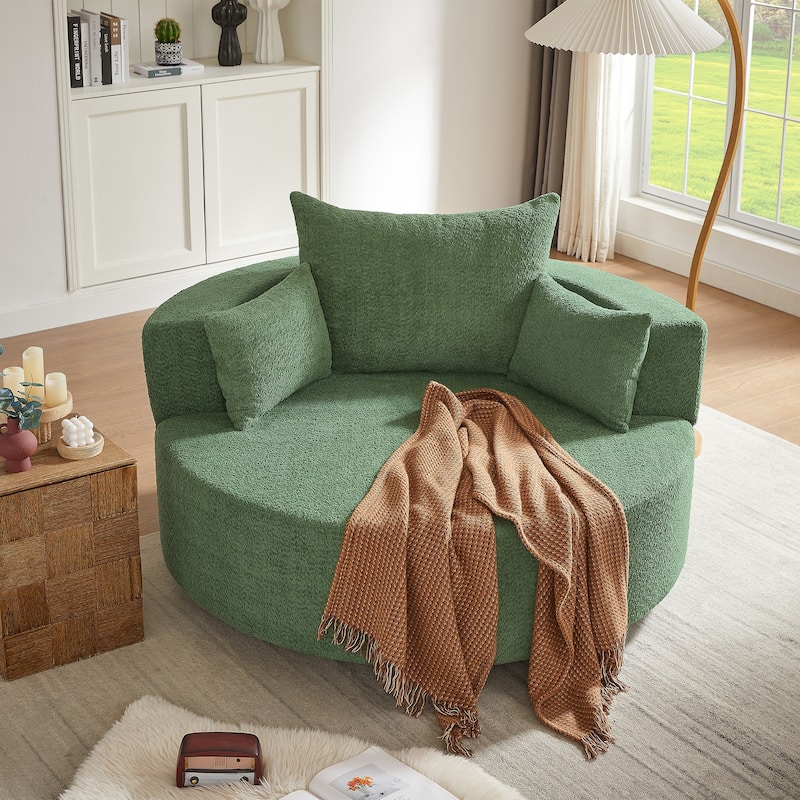 56"W Oversized Swivel Round Lounge Chair, Modern Chenille Accent Chair with 3 Pillow, Upholstered Single Sofa Chair