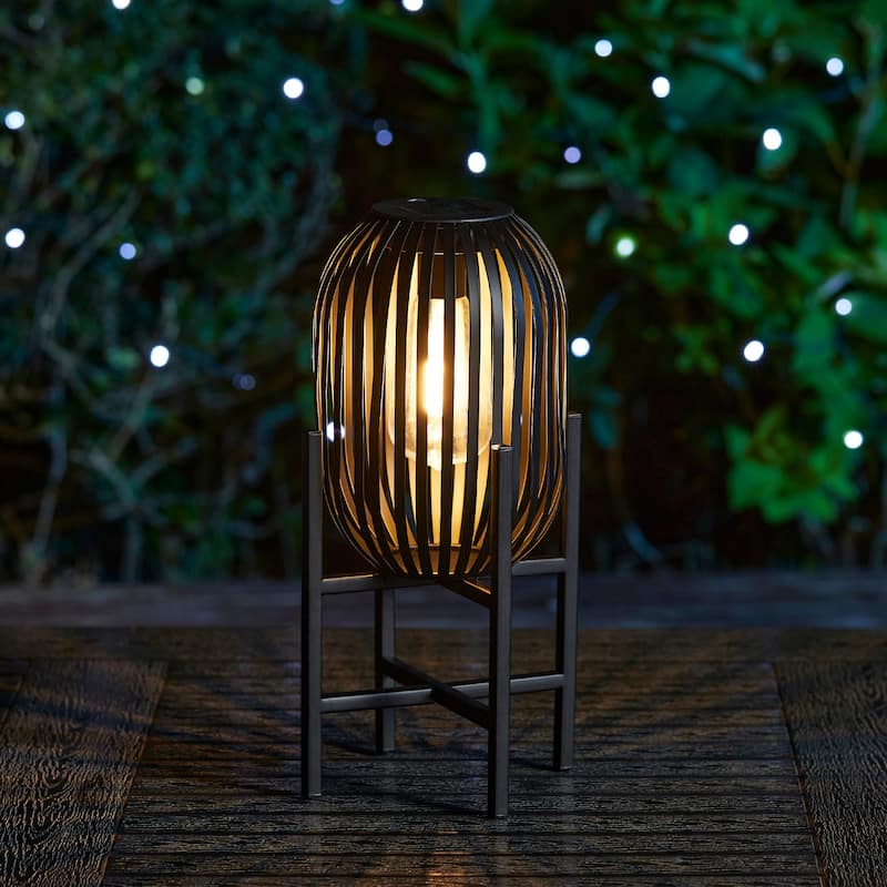 Glitzhome Outdoor Black Metal Striped Freestanding Solar Lantern Deck Lamp