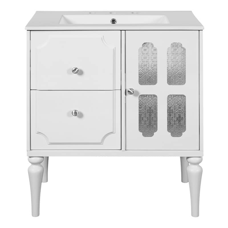 Solid Wood Frame Retro Style Bathroom Vanity with 30'' Ceramic Sink Combo, Freestanding Vanity Storage Cabinet with Glass Door