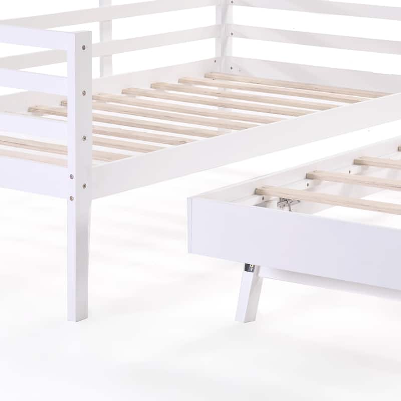 Twin Daybed with Trundle & Guardrails - White Pine Wood Sofa Bed, 350lbs Capacity, Space-Saving for Bedroom/Living Room