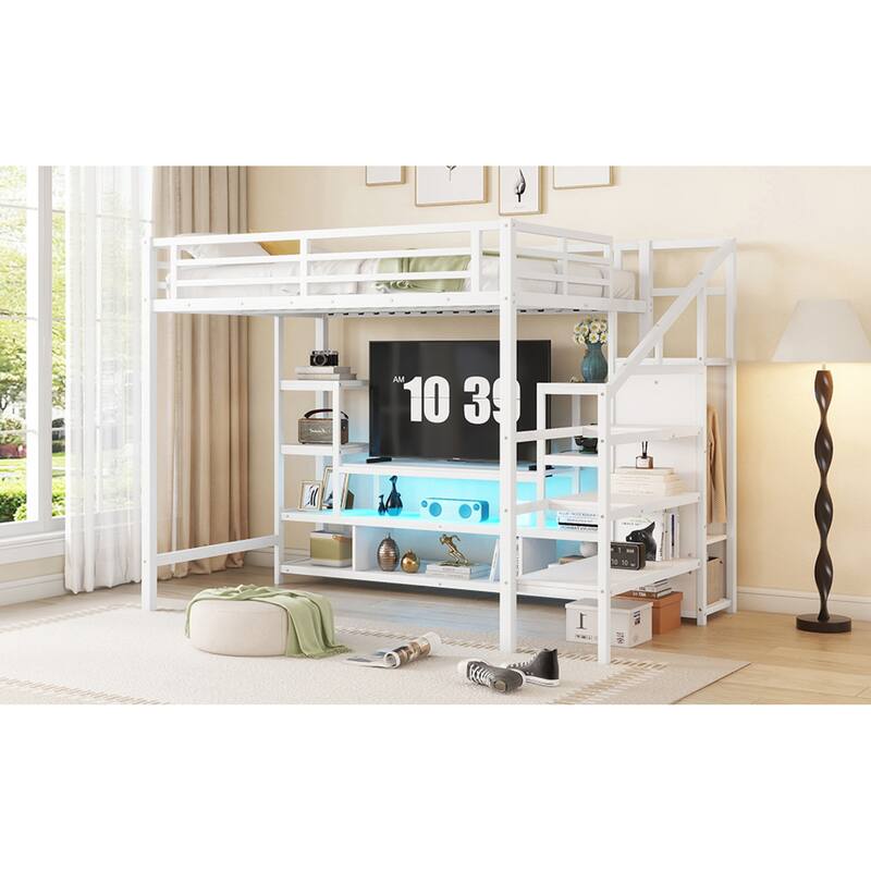 Roomfitters Full Metal Loft Bed, Staircase Storage and TV Stand with Wardrobe for Bedroom, White