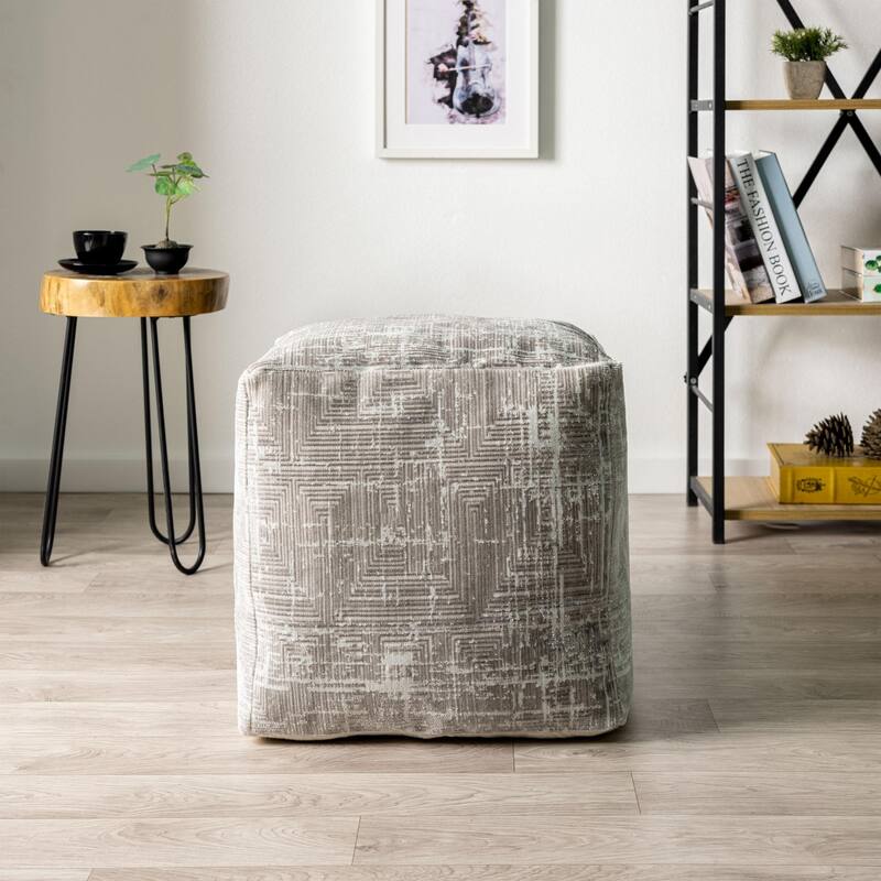 Transitional Distressed Geometric Square Pouf Ottoman - 18" - Gray and Ivory