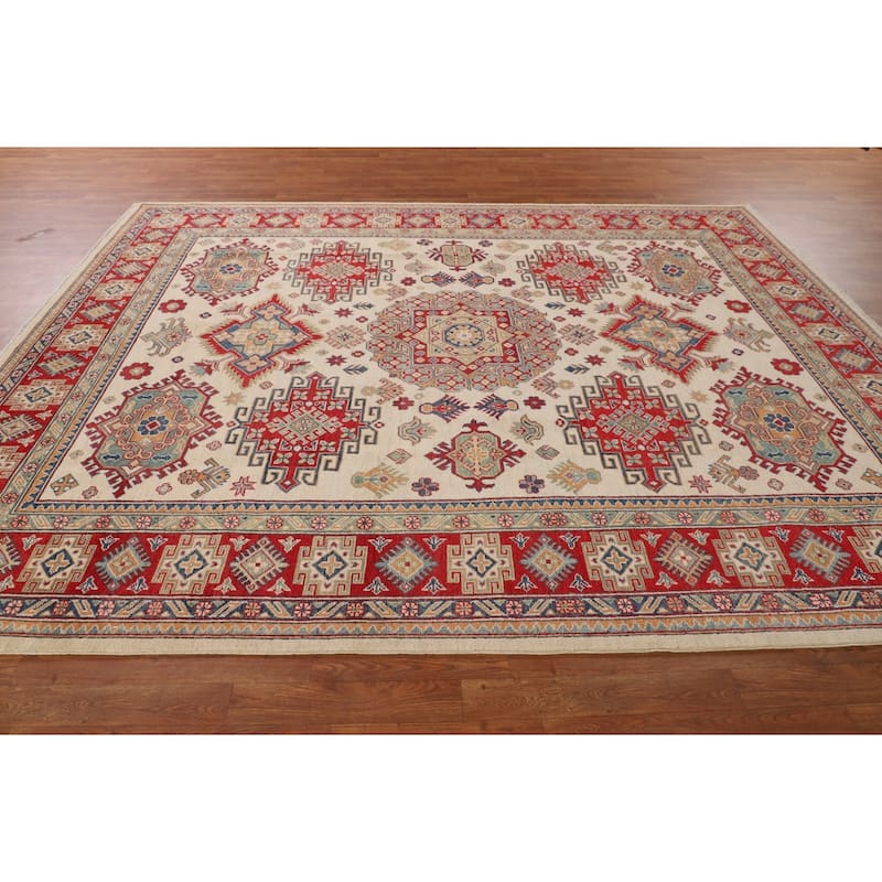 Ivory Geometric Kazak Oriental Area Rug Handmade Wool Carpet - 8'0" x 10'3"