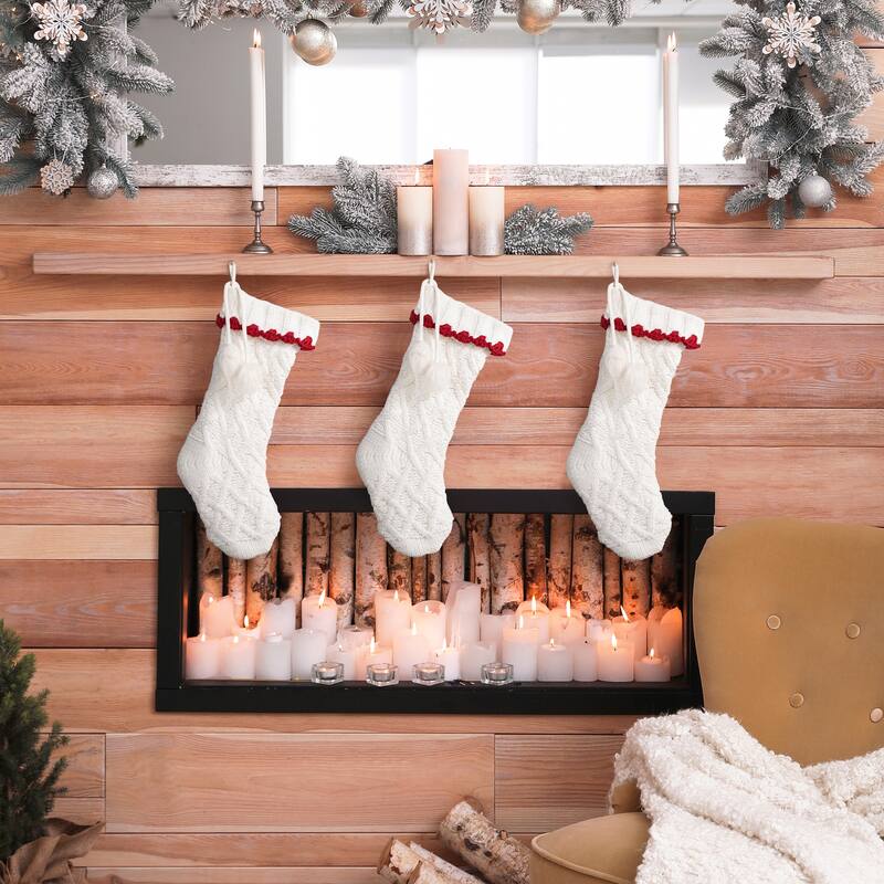 Glitzhome Set of 2 Knitted Christmas Stocking White or Red with Pom Pom Ball