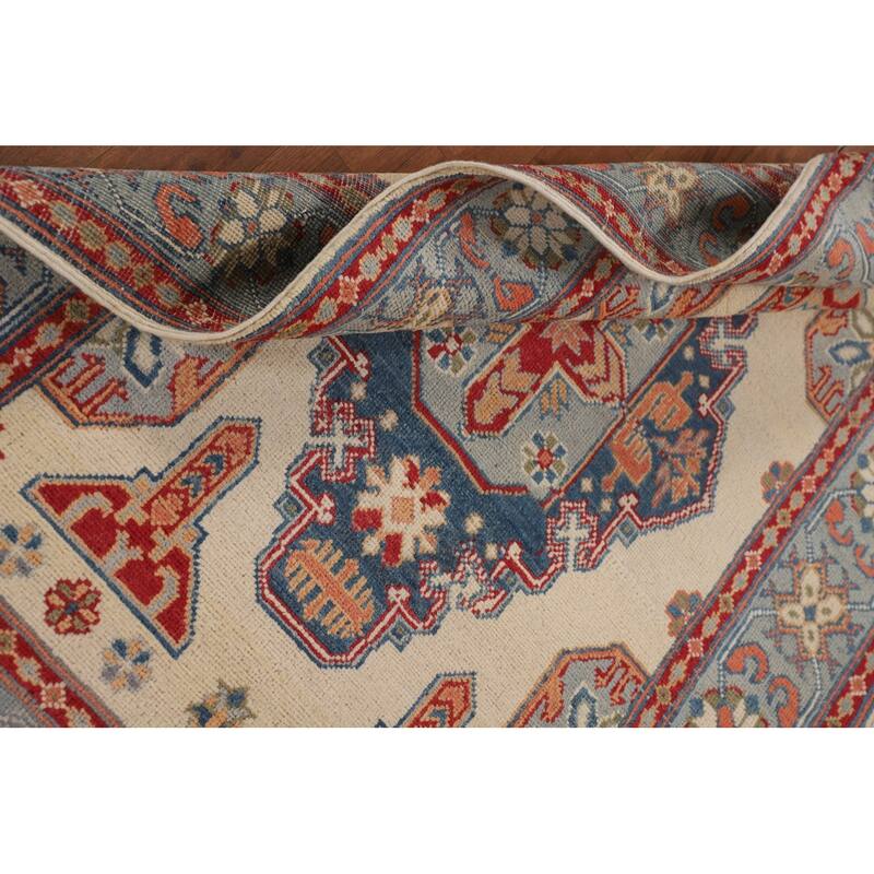 Ivory Geometric Kazak Foyer Rug Handmade Wool Carpet - 3'6" x 5'3"