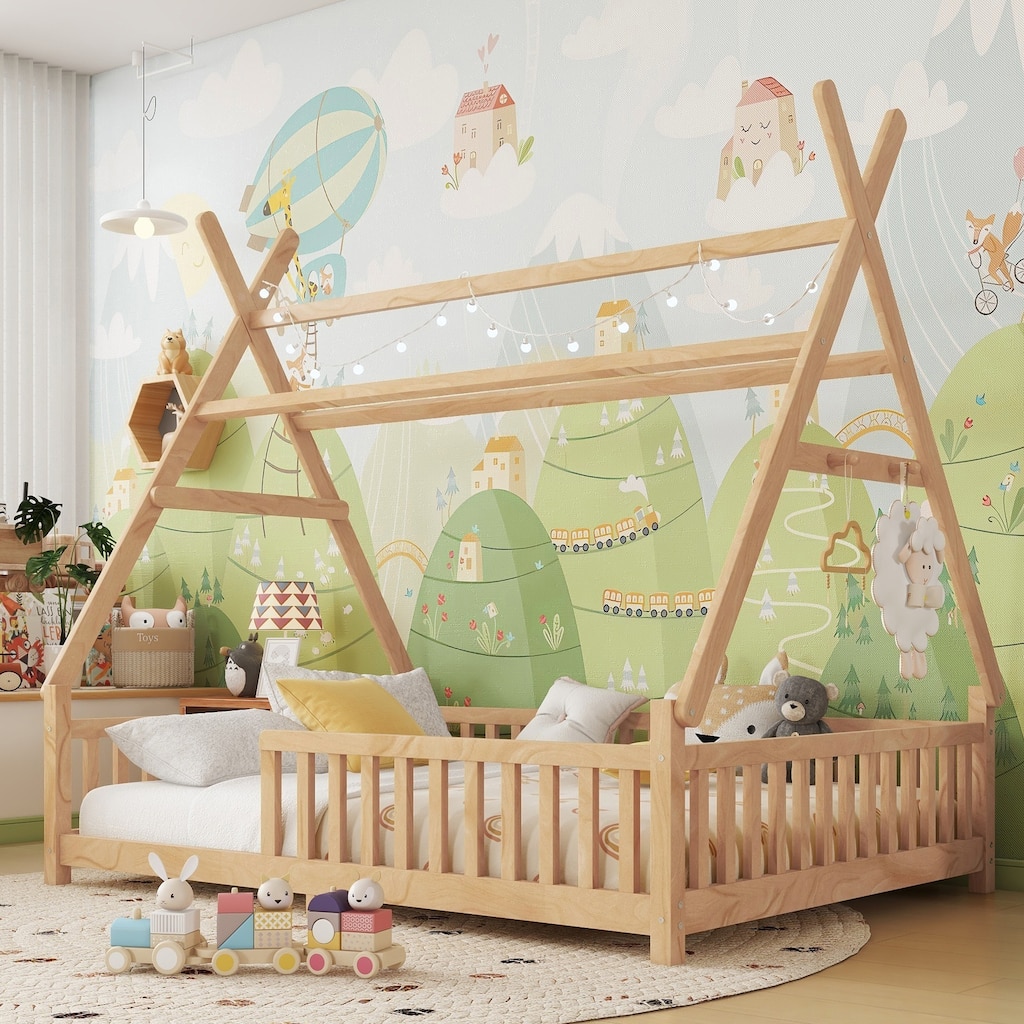 Full House Bed with Light, Low Floor Design, Fence and Roof for Kids, Natural Wood Finish
