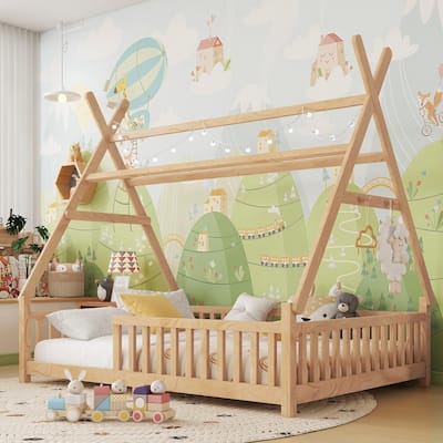 GDF Studio - Brighton Full Size Wooden House Bed with Roof and LED Light