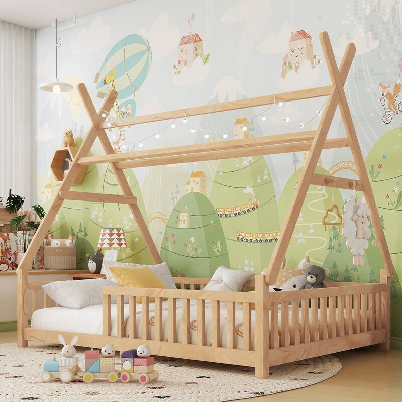 Wood Low Floor House Bed with Fence and LED Light Roof, Creativity Bed Tent Design for Kids Boys Girls No Box Spring Needed - Natural - Full