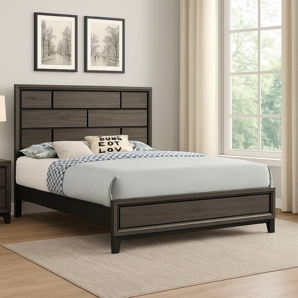 Asir Full Size Bed, Geometric Panel Headboard, Modern Gray Wood Finish