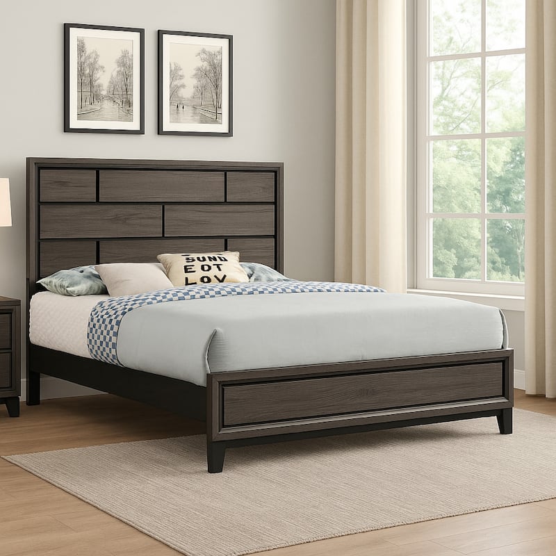 Asir Queen Size Bed, Geometric Panel Headboard, Modern Gray Wood Finish