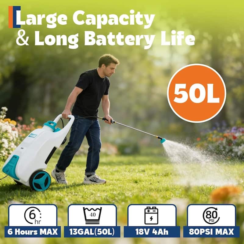 13 Gallons Battery Powered Backpack Sprayer with Wheeled Cart, 6 Nozzles & 2 Wands - N/A