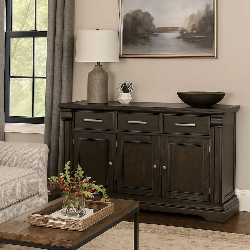 60 Inches 3 Drawer Wooden Server with 3 Doors, Brown