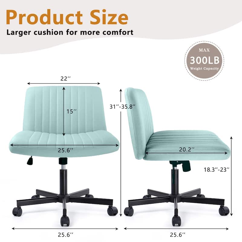 Bossin Criss Cross Chair Armless Office Desk Chair with Wheels,Fabric Padded Cross Legged Chair, Swivel Wide Seat Vanity Chair