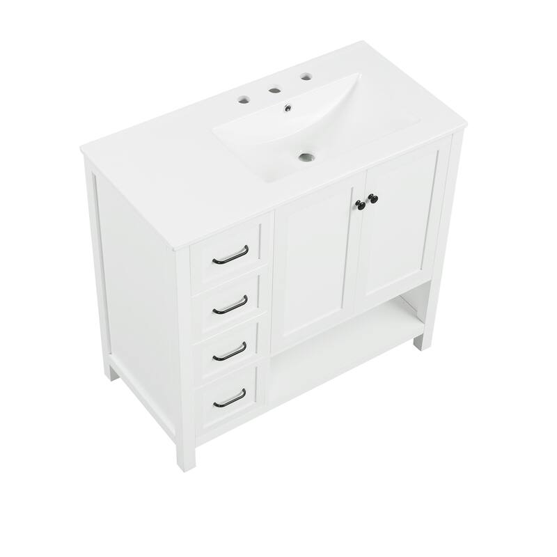 Roomfitters 36" Bathroom Vanity with Sink, Right-Side Basin, Solid Wood Frame, 2 Doors, 2 Drawers & Open Shelf