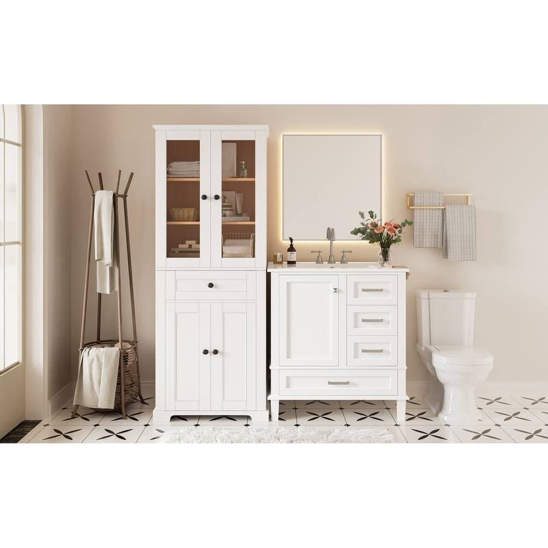GDFStudio - Fernwell Multifunctional 2-Piece Bathroom Storage Set with Integrated Ceramic Sink Vanity & Tall Cabinet