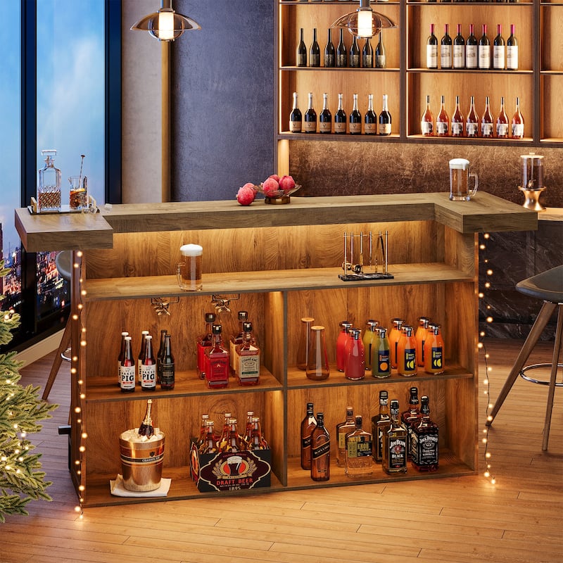 4-Tier Wooden Bar Table, 70.9" Large Home Bar Unit with Storage Shelves for Home, Patio, Basement