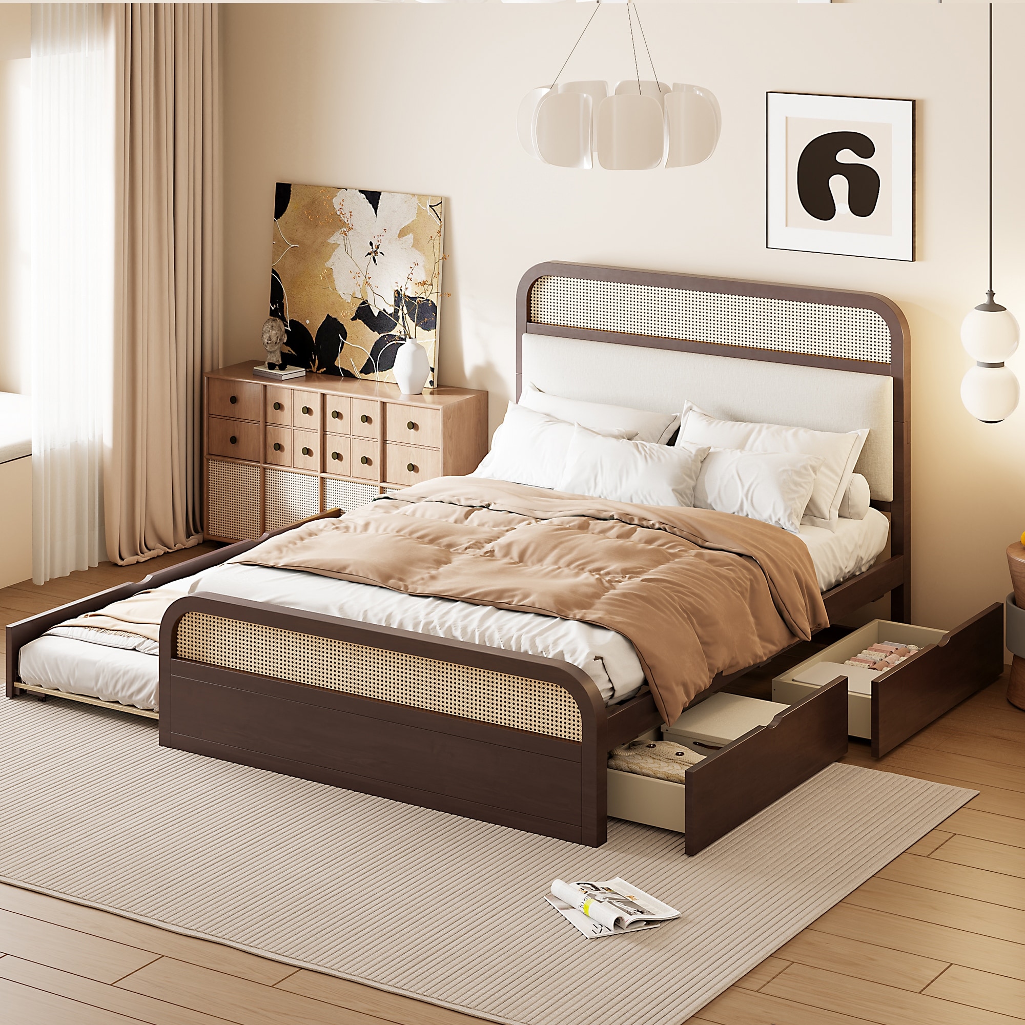 Queen size Wooden Platform Bed with Trundle and 2 Drawers