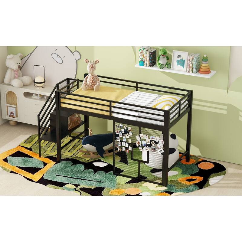 Twin Size Metal Low Loft Bed Frame with Storage Staircase and Iron Mesh