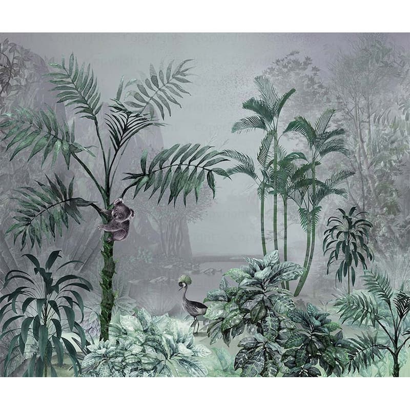 Tropical Forest Wildlife Wallpaper Mural Koala and Crane Jungle Scene - Gray - W:131" x H:118"