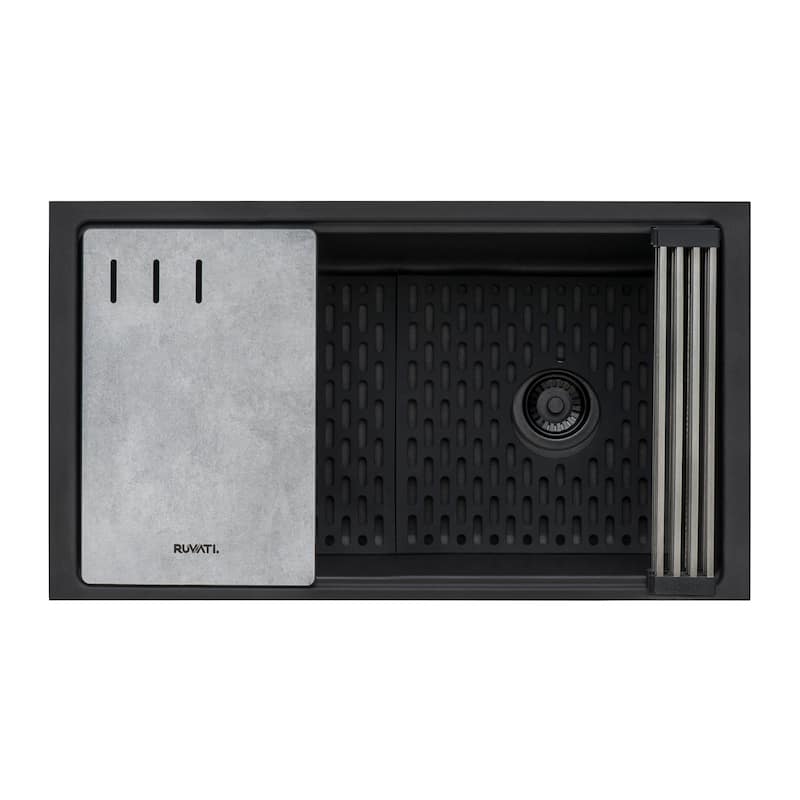 Ruvati 33-inch Undermount Workstation Granite Composite Kitchen Sink Matte Black - - 33" x 18-1/2" - 33" x 18-1/2″