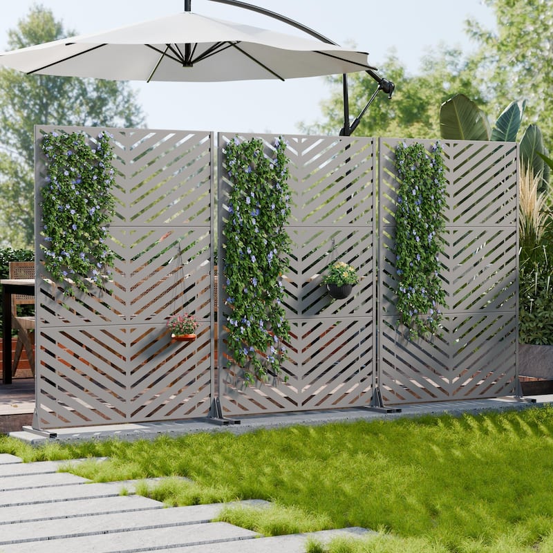 Outdoor Privacy Screen 2-Panel Chevron Metal Privacy Fence with Wind-Resistant Base Durable Decorative Divider
