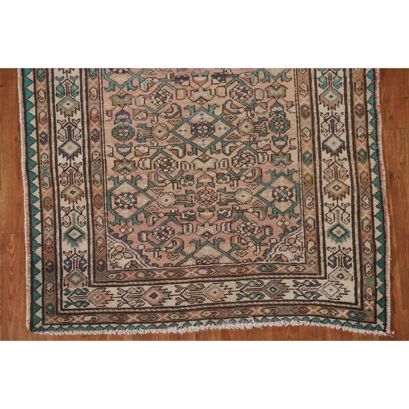 Geometric Hamedan Persian Runner Rug Hand-knotted Vintage Wool Carpet - 4'0" x 10'7"
