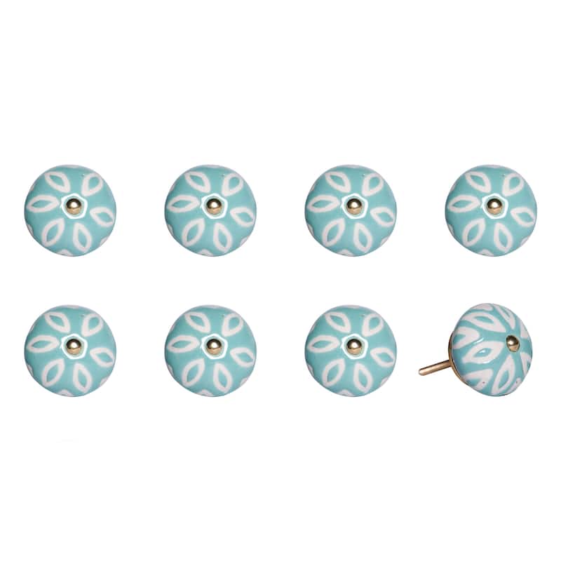 HomeRoots Set of Eight Turquoise And White Ceramic And Metal Drawer Pull Knobs - 1.5' X '1.5' X '1.5
