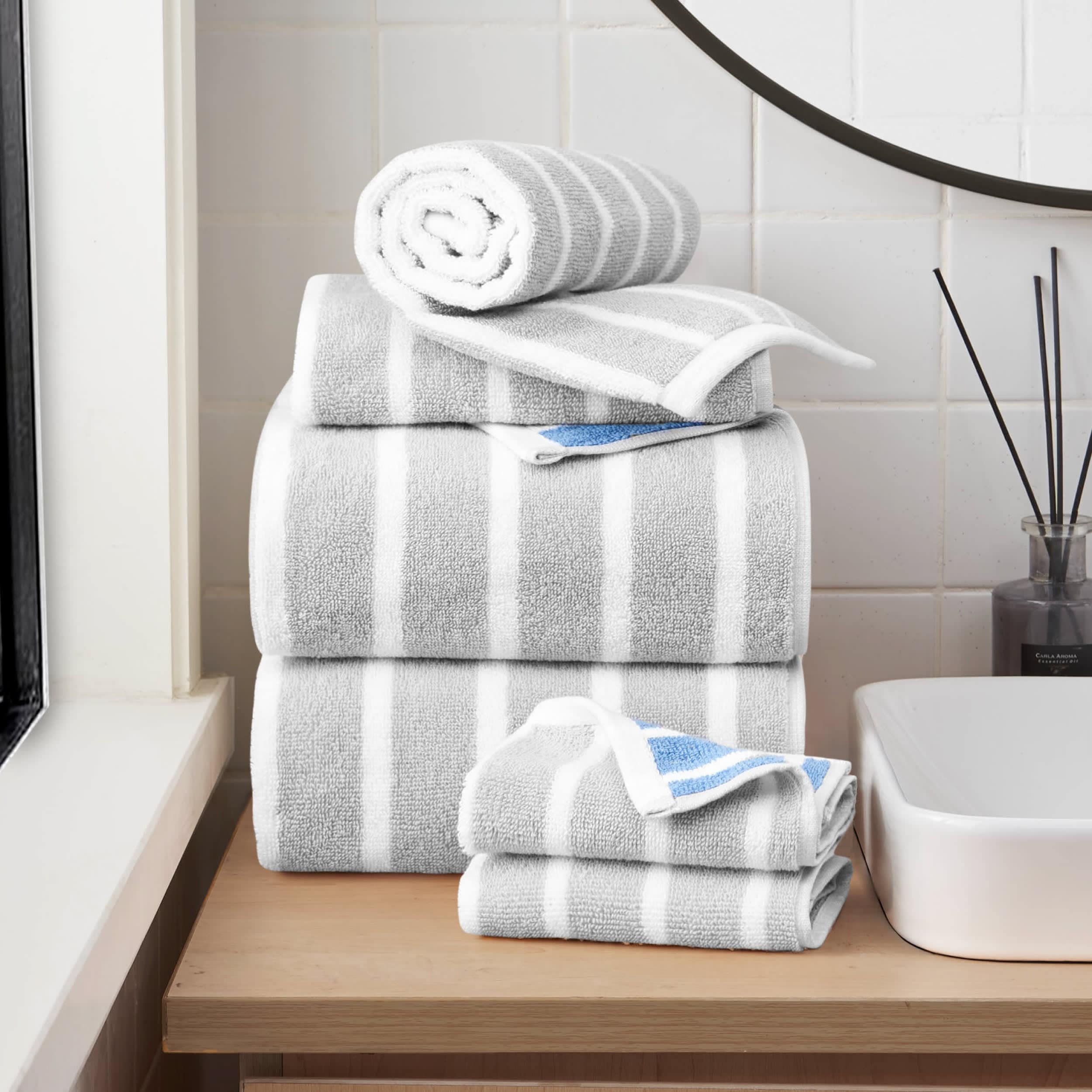 Lucky Brand Reversible Stripe 6 Piece Bath Towel Set 2 Bath towels 2 Hand towels 2 Washcloths 28 x54 16 x26 12 x12 On Sale Bed Bath Beyond 41077734