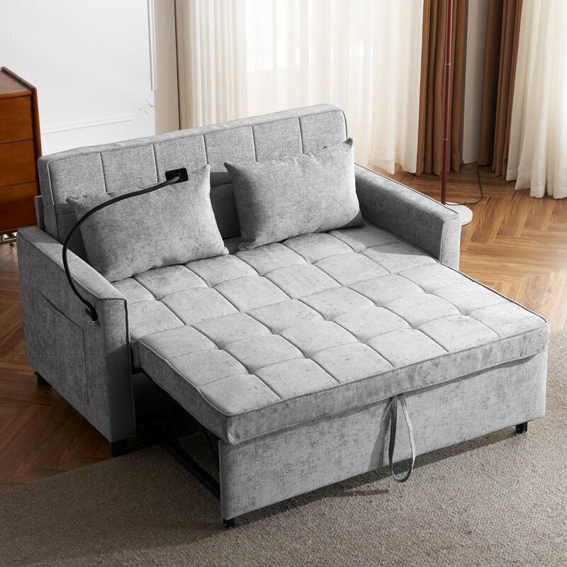 Modern Convertible Sofa Bed Pull-Out Loveseat with USB Ports, Grey Padded Sleeper Sofa with Adjustable Backrest
