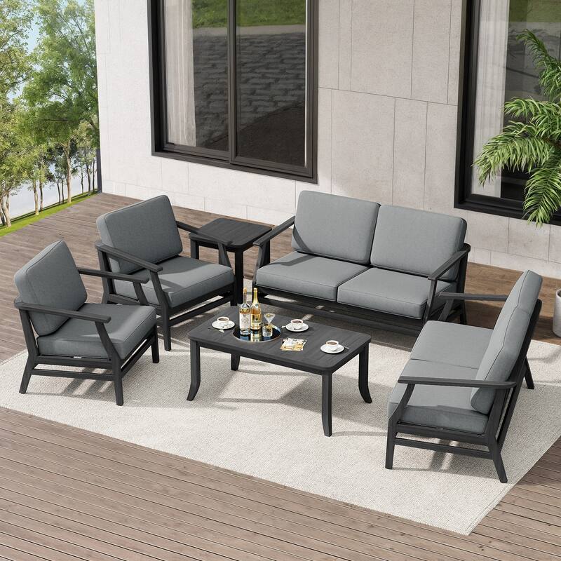 Teak Outdoor Patio Conversation Set with Cushions and Tables (6-Piece)