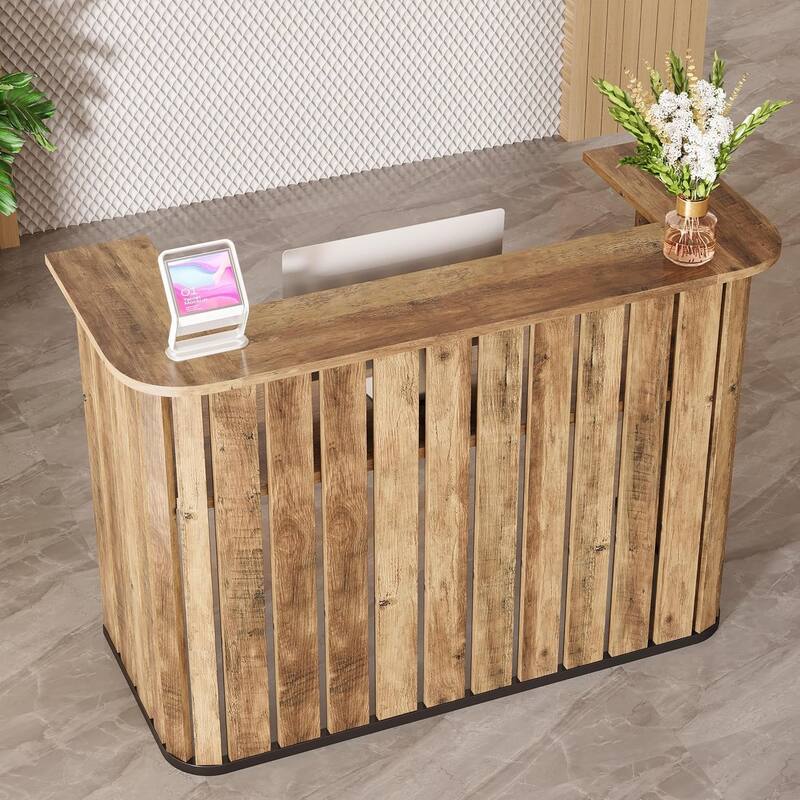 63-Inch Brown MDF Reception Desk, Modern U-Shaped Front Desk with Private Panel for Reception Room